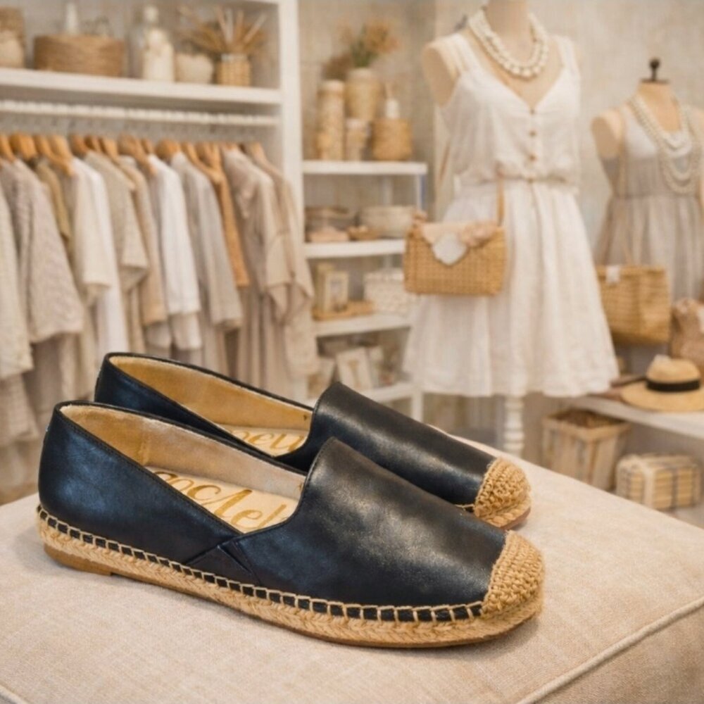 Sam Edelman Black Leather Espadrille Flats Size 8M Woven Jute Casual Summer Shoe